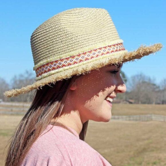 Pinch Front Straw Fedora Sun Hat Natural Southwestern Band OS NWT - Picture 2 of 2